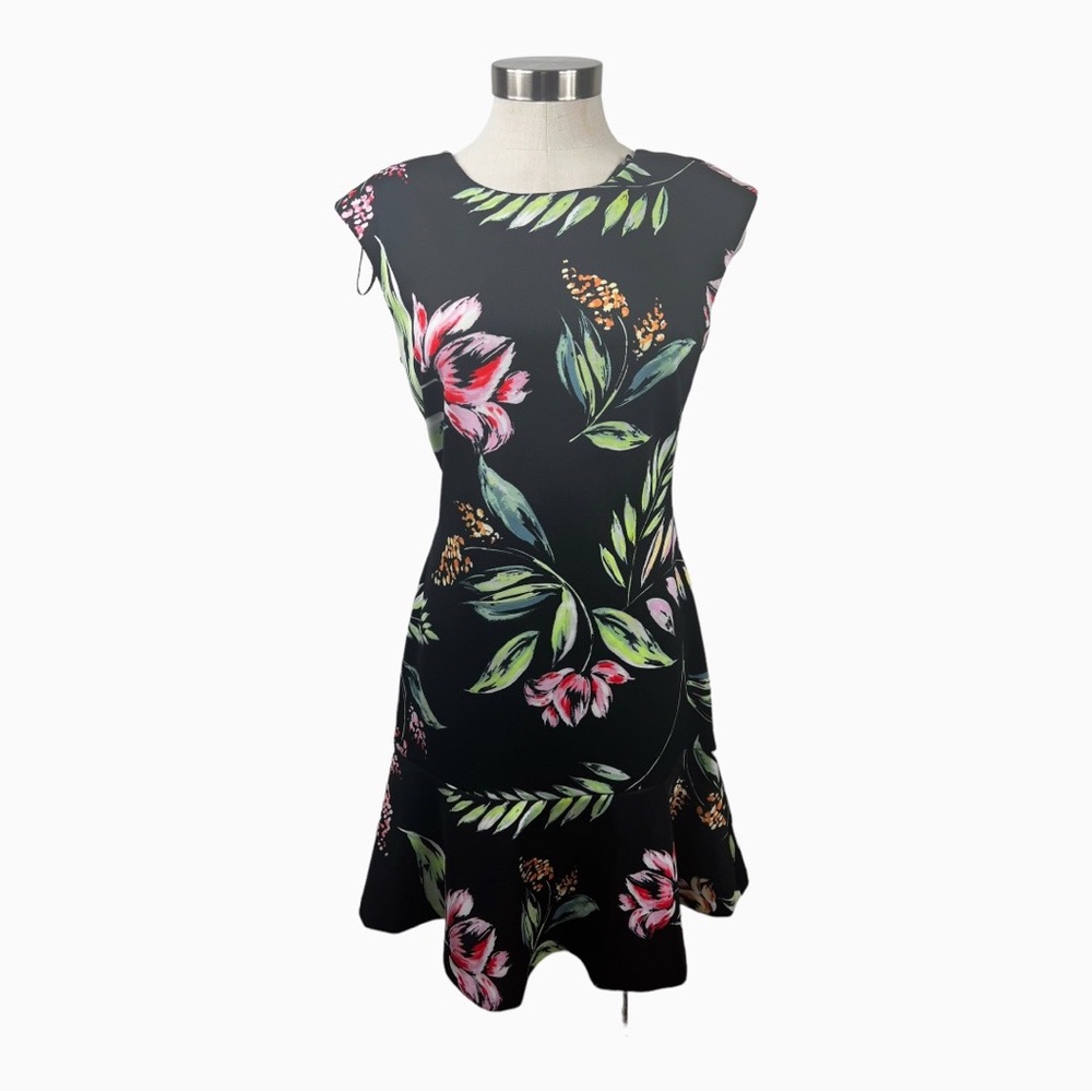 Vince Camuto Black Tropical Print Fit & Flare Dress Size 6